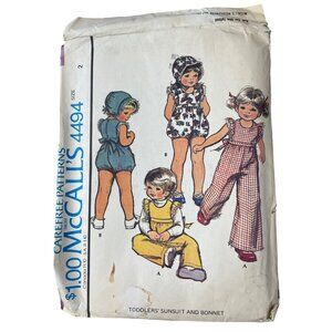 70s McCalls 4494 Sewing Pattern Size 2 Toddlers Sunsuit and Bonnet Vintage CUT